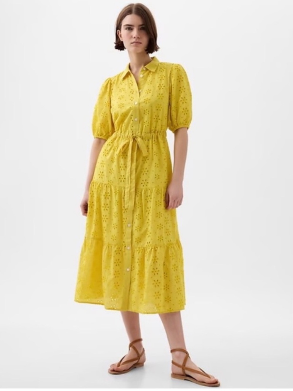 Beautiful yellow eyelet tiered ruffled dress size large Gap